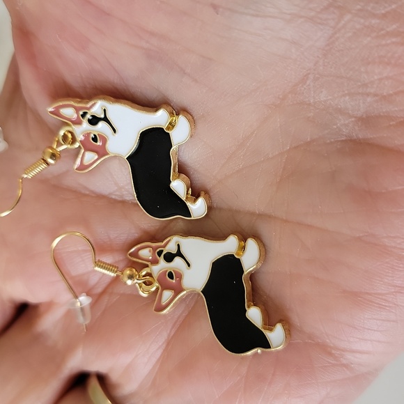Corgi Dog Dangle Earrings Enamel 1.77 Inch Drop Fish Hook White Black Tan New - Picture 3 of 8